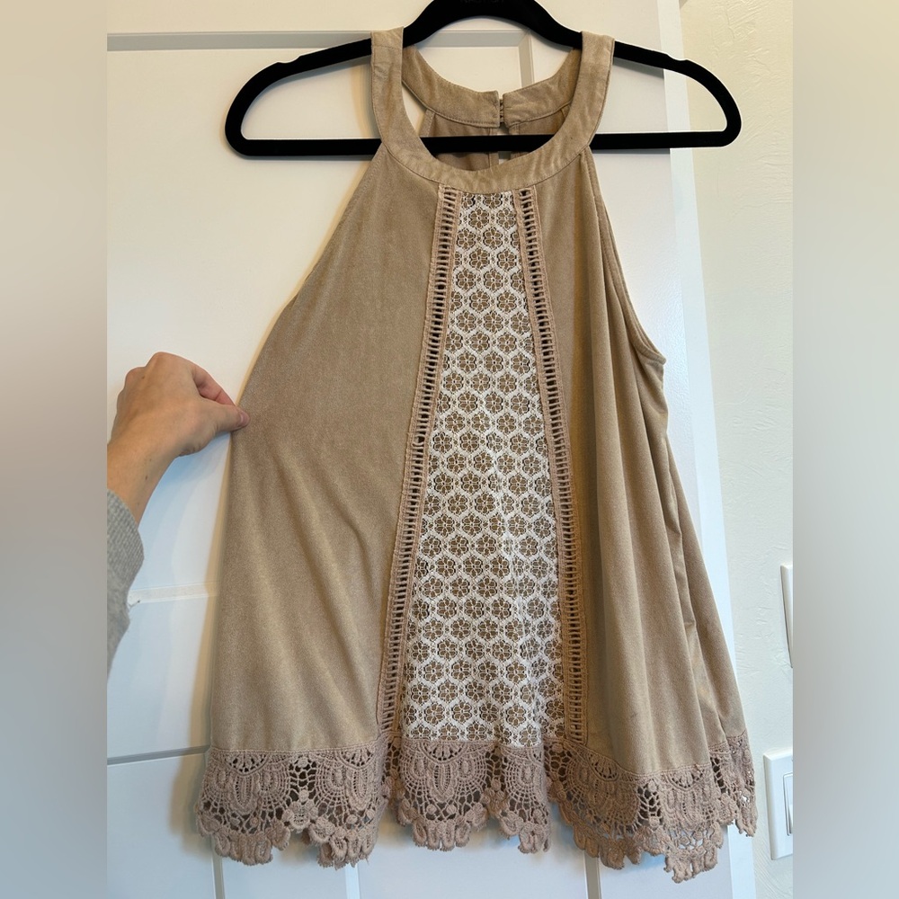 Maurice’s tank top, soft brown fabric with lace size medium, longer in length